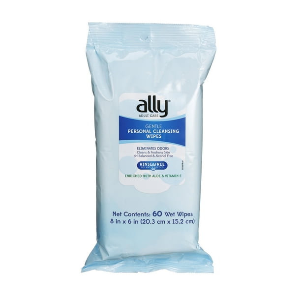 Ally Personal Cleansing Wipes, RinseFree with Aloe and Vitamin E, 60