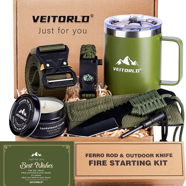 VEITORLD Regalos para hombres, papá, él, Navidad, equipo y equipo de supervivencia 12 en 1, kits de supervivencia, regalo de cumpleaños único para pesca, caza, marido, adolescente, novio, mujer, calce