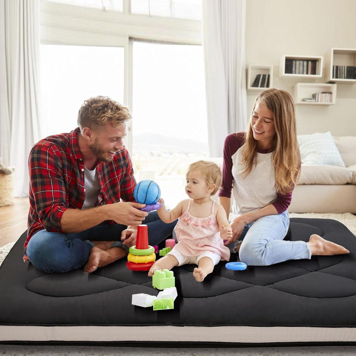 ABORON Japanese Floor Mattress Futon Mattress Full Size, Thicken Tatami Mat Sleeping Pad Foldable Roll Up Mattress Black