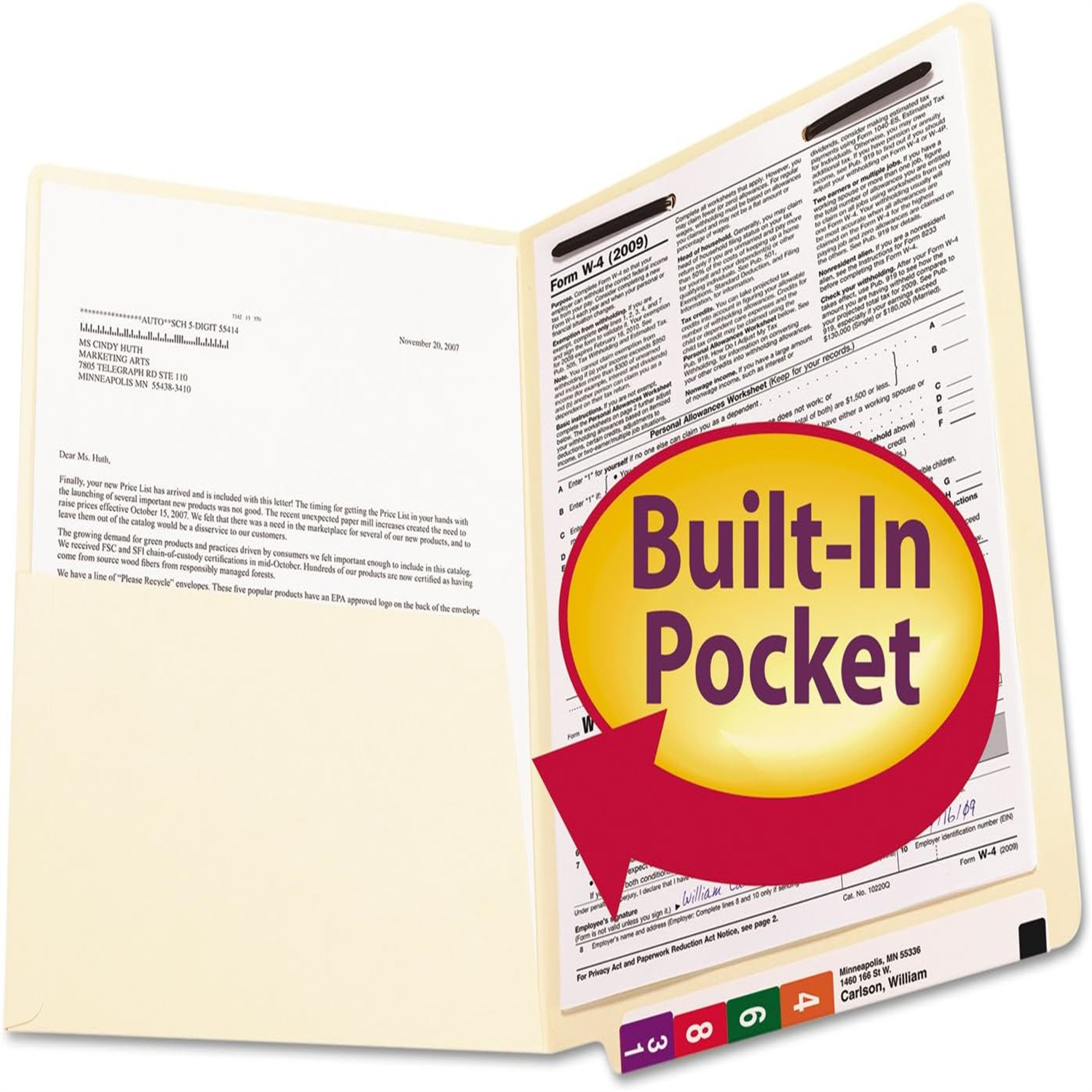 Tab Pocket Folder with Fastener, Straight-Cut Tab, 1 Pocket, Letter Size, Manila, 50 per Box , Pack of 1