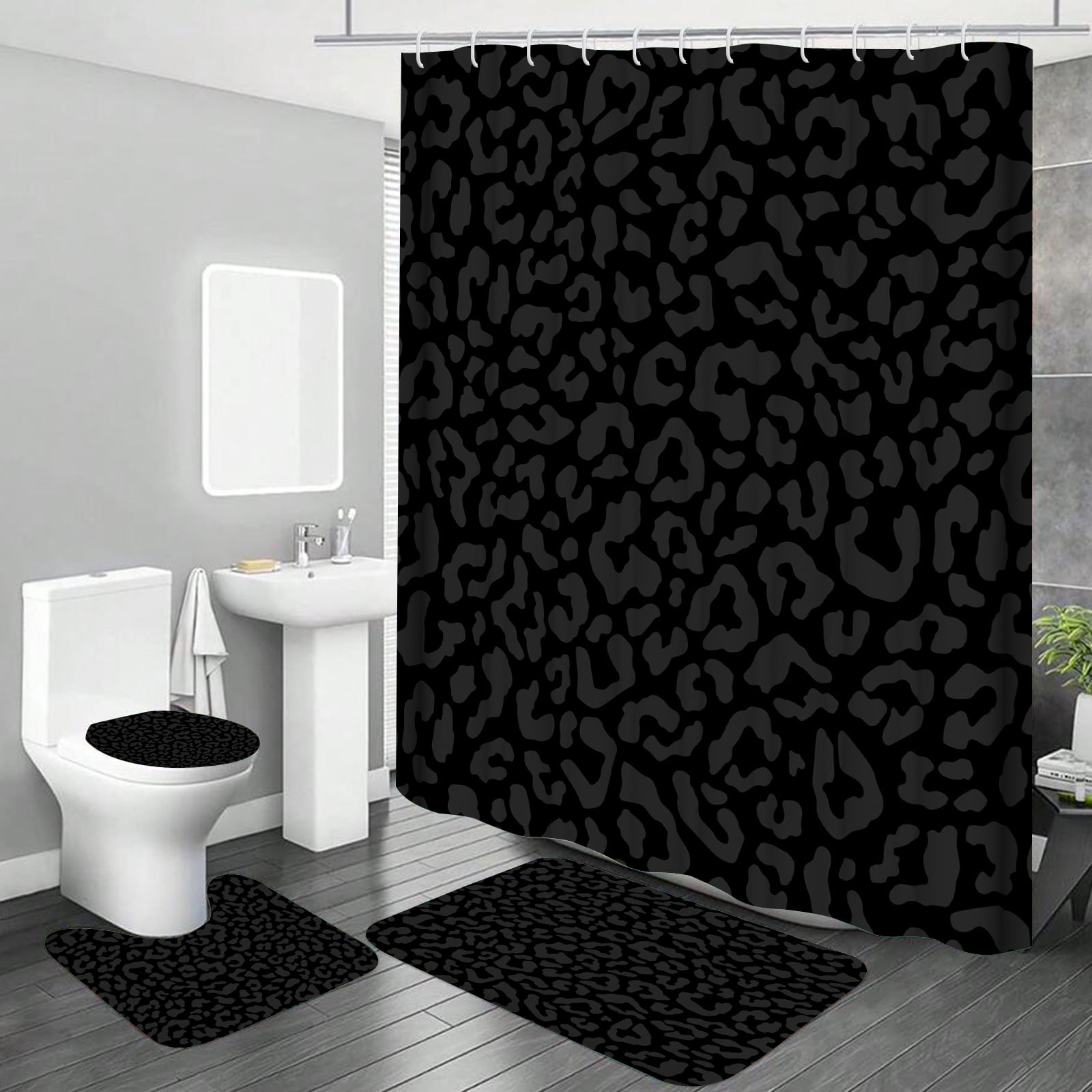 Hadint 4Pcs Black Leopard Print Pattern Shower Curtain Set, Shower Curtain and Rug Set, 12 Pcs Hooks, 71in x 71in