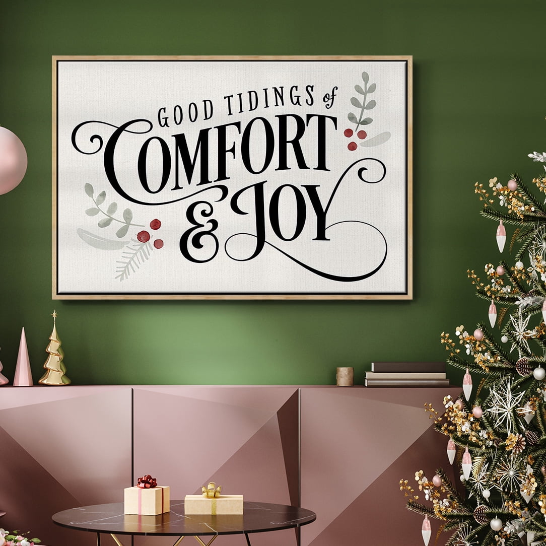 Merry Sentiment I - Framed Gallery Wrapped Holiday Canvas - 17 x 25 - Natural Wood Frame