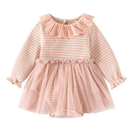 

Meresysid Toddler Kids Baby Wrap Dress Fall And Winter New Fashionable Striped Lace Collar Sweet Mesh Onesie Pink