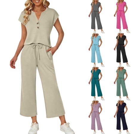 BiZtdJrK 2 Piece Lounge Outfit for Women Button Up V Neck Cap Sleeve Tops and Pants Tracksuits Fashion Vacation Travel Summer Outfits with Pockets Beige M