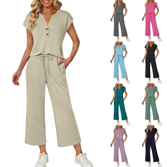 VBVC Women's 2 Piece V-Neck Drawstring Set,Ladies Sleeveless Top and Wide Leg Pants,Summer Dressy Outfit for Women,Gray,S-2XL