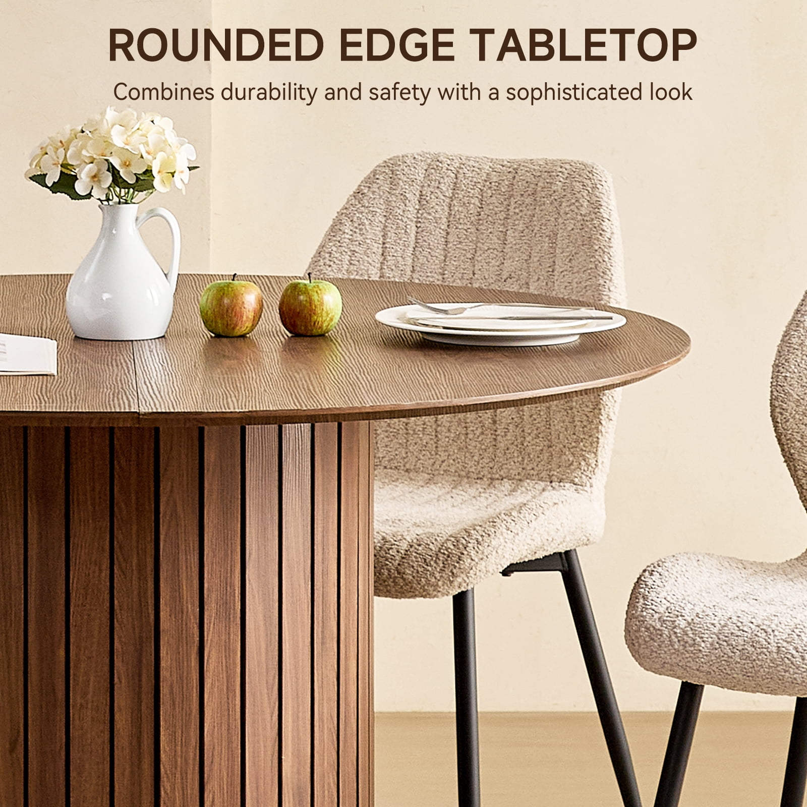 47" Round Dining Table Set of 4, Wood Kitchen Table with 4 Beige Boucle Dining Chairs
