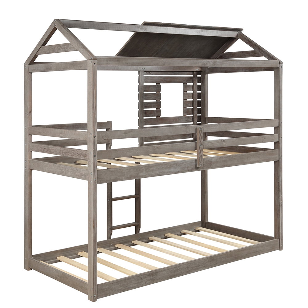 Kepooman Twin Over Twin Wood Bunk Bed with Roof & Window & Guardrail & Ladder for Kids, 77.8"L x 41"W x 83.1"H, Antique Gray Kepooman Twin Over Twin Wood Bunk Bed with Roof & Window & Guardrail & Ladder for Kids, 77.8"L x 41"W x 83.1"H, Antique Gray