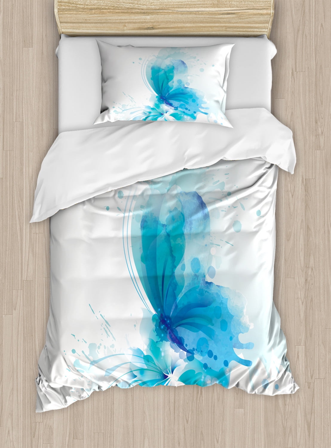 Watercolor Duvet Cover Set Abstract Blue Butterfly On A Blooming