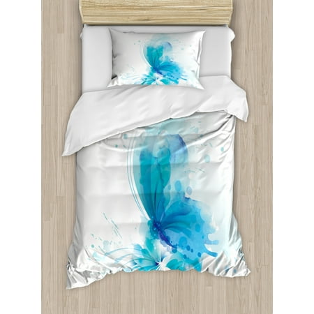 Watercolor Duvet Cover Set Abstract Blue Butterfly On A Blooming
