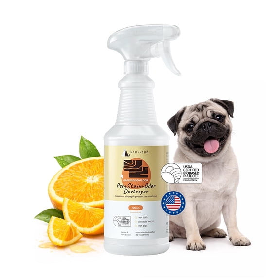 kin kind Pet Urine Cleaner for Dogs & Cats, Hardwood Floor Cleaner, Stain & Odor Remover, Stop Re-Marking, Citrus, 32 fl oz