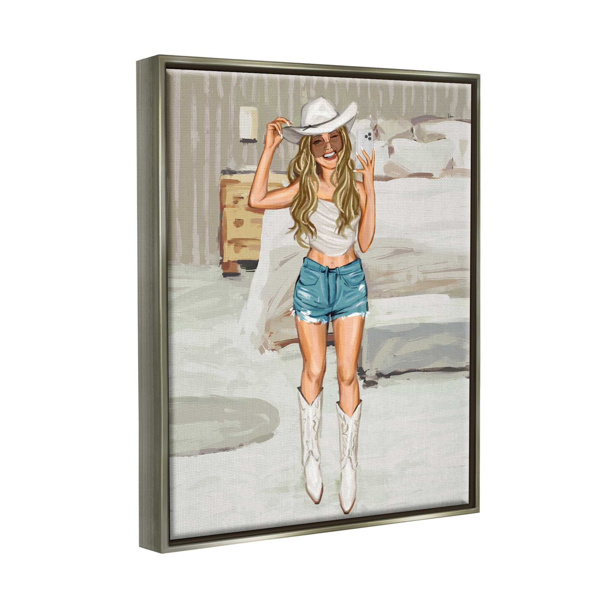 Stupell Industries Cowgirl Selfie Portrait Beauty & Fashion Painting Gray Floater Framed Canvas Art Print Wall Art, 17 x 21