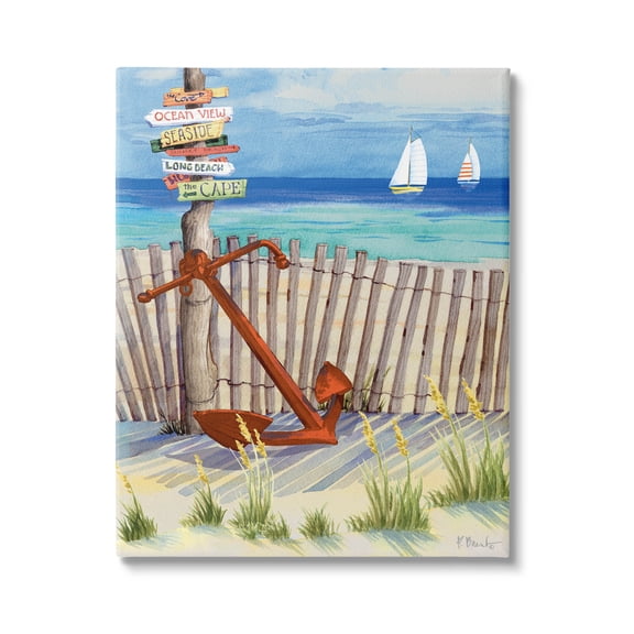 Anchor Leaning Beach Directions Sign Coastal Painting Gallery Wrapped Canvas Print Wall Art