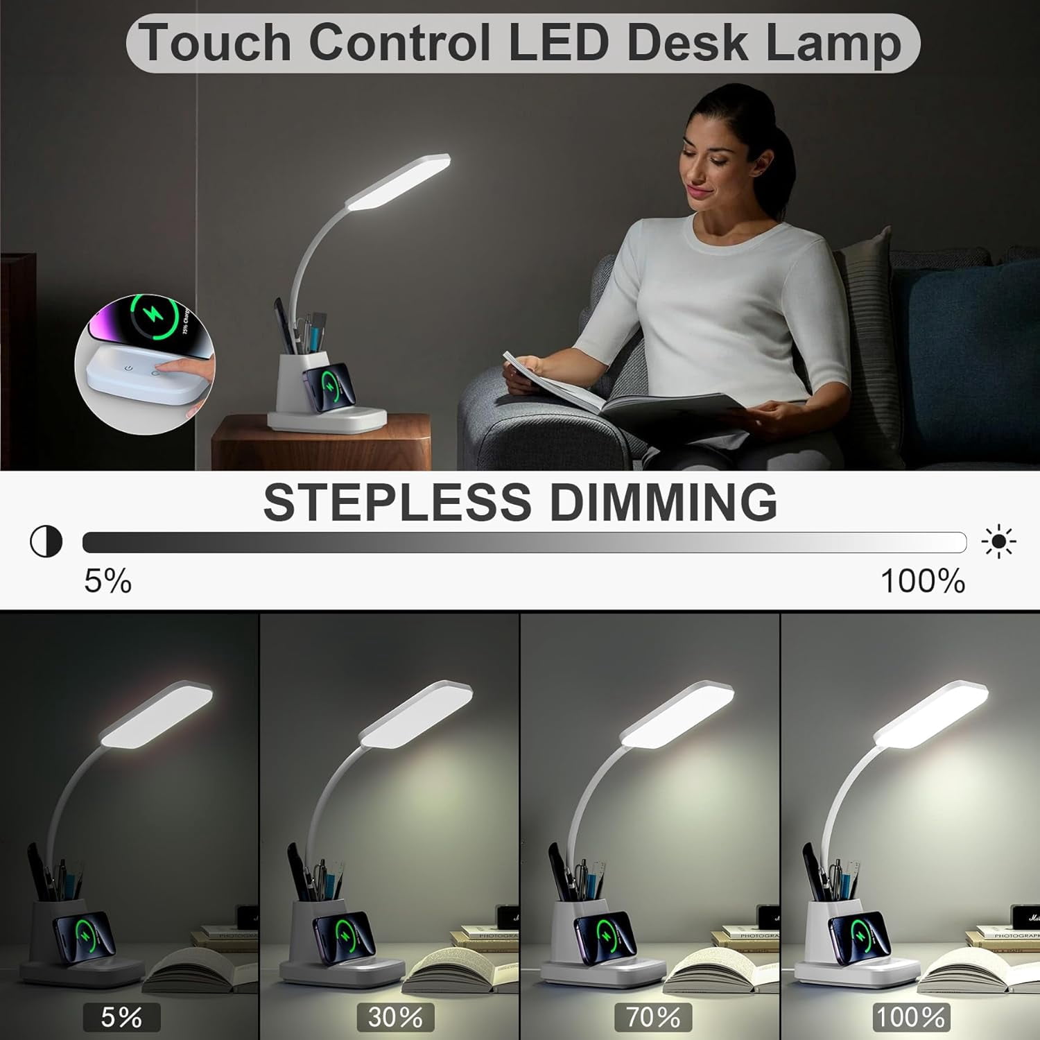 Desk Lamp with Wireless Charger, LED Desk Lamps for Home Office Eye-Caring CRI 85+, 3 Color Modes, Stepless Dimming Touch Table Lamp, Study Small White Lamp with Pen Holder for College Dorm