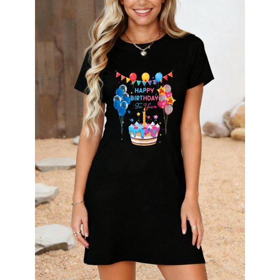 Happy Birthday to You Cake and Balloon Party T-Shirt Dress Casual Summer Dress Everyday Outfit