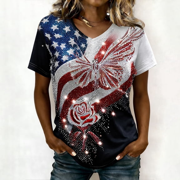 HCYSFG Women Festival Shirt Short Sleeve Fourth V Neck Independence Day Glitter Rhinestone Embellished Print July Summer Soft Tee Comfort Top