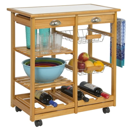 Best Choice Products Rolling Wood Kitchen Storage Cart Dining Trolley w/ Drawers, Fruit Baskets, Wine
