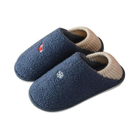 

Womens Mens Home Slipper Suede Leather Knitted Heel Non Slip Rubber Slippers(Dark Blue)