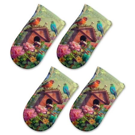 

BaHomeck Pot Handle Holder Covers 4Pcs Colorful Birdhouse Surrounded By Vibrant Flowers Non Slip Heat-Resisting Pan Handle Covers For Home Kitchen Baking Cooking BBQ Cookwares 6×3In