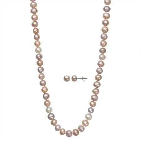 Multi-Colored Pink, Peach, Lavender and White Cultured Freshwater Pearl Necklace and Stud Earring Set, 18"