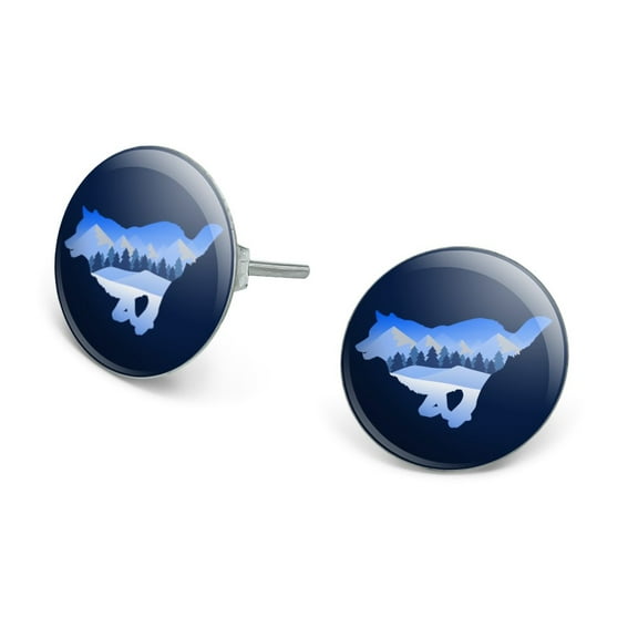 Wolf Silhouette Running Snow Scenery Novelty Silver Plated Stud Earrings