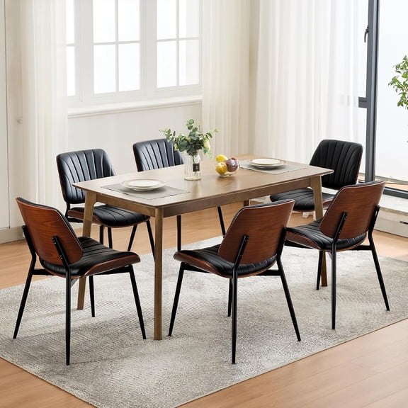 Dining Chairs Set of 6, Mid-Century Modern Upholstered Retro PU Leather Kitchen Chairs with Walnut Bentwood Back and Metal Legs Adjustable Feet for Kitchen Dining Room, Black Shell Strips
