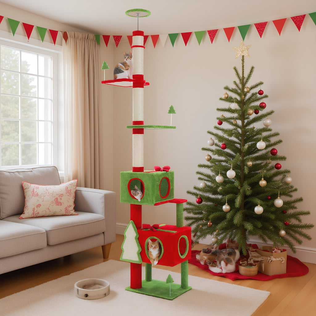 Pefilos Christmas Tall Cat Tree for Large Indoor Cats, 90''-107'' Floor to Ceiling Cat Tower with 2 Condos, Sisal-Covered Scratching Post & Pad and Bow Toy, Red