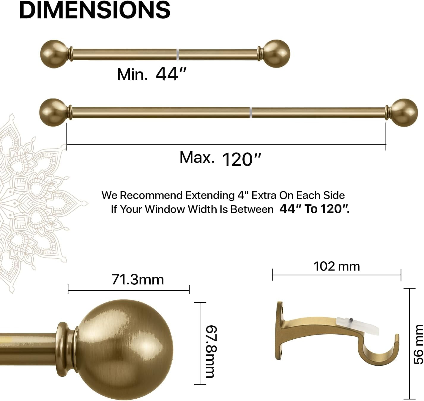 Deco Window Adjustable Curtain Rod for Windows 44 to 120 Inch (Pack of 1) Extendable Heavy Duty 1 Inch Iron Ball with Finials Wall Mounted Curtain Rods (Gold)