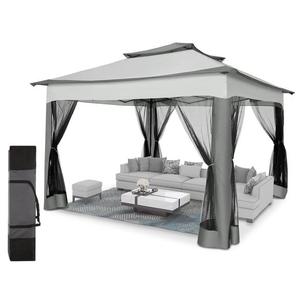 HOTEEL 11' x 11' Outdoor Waterproof Gazebo, Pop-Up Canopy Gazebo with Mosquito Netting & UV Protection for Parties, Camping, Weddings, and Backyard Events, Gray