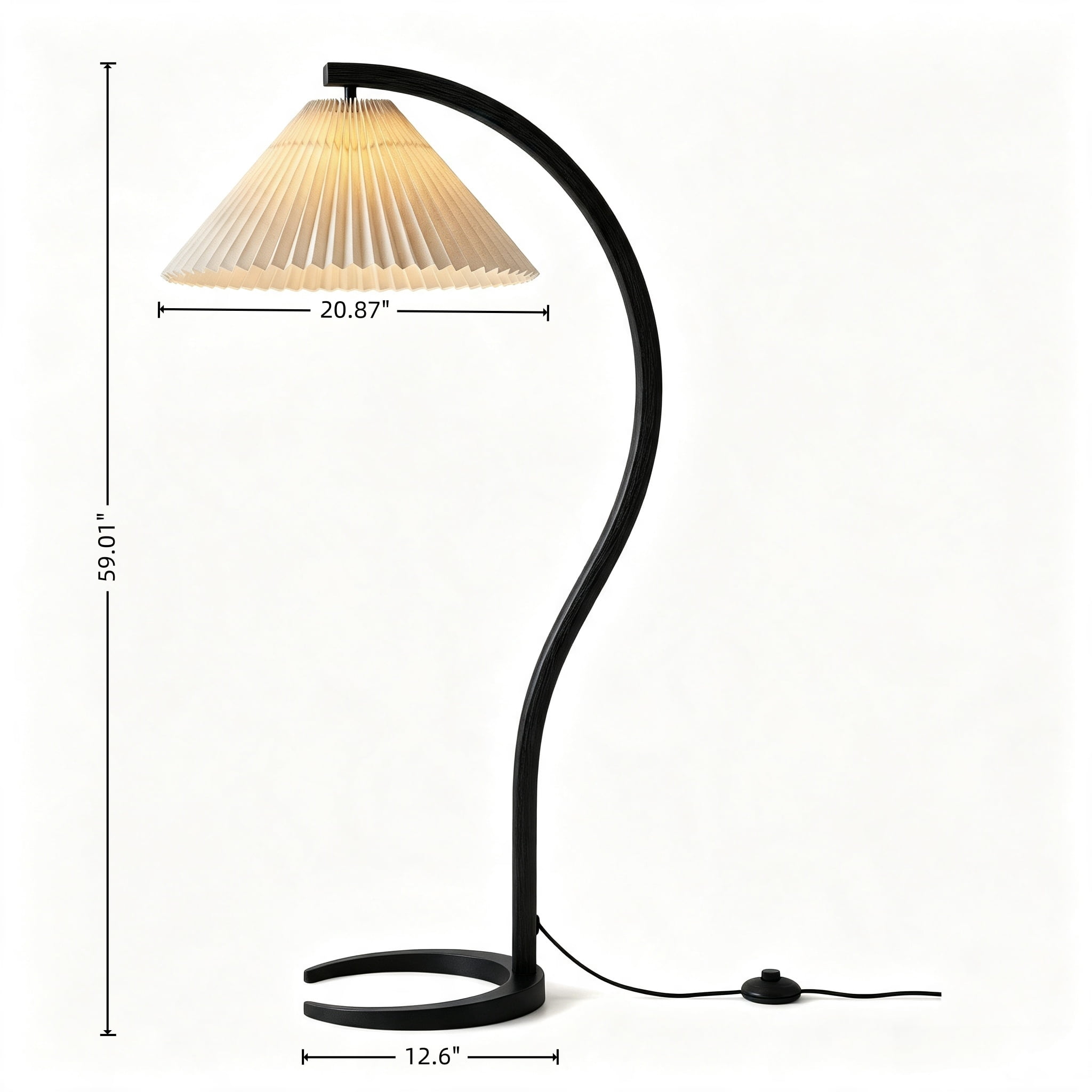 AISWORD Mid Century Curved Arc Floor Lamp with Pleated Fabric Shade, Solid Bentwood S-Shape Standing Reading Light with Heavy Base, Black - Brown