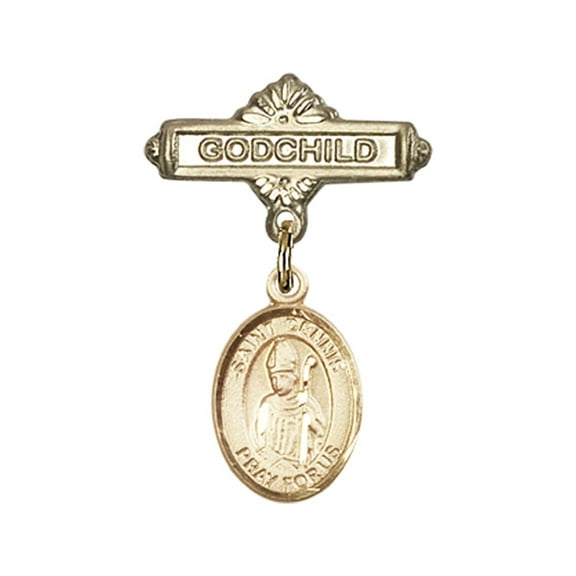 Gold Filled Baby Badge with St. Dennis Charm and Godchild Badge Pin 1 X 5/8 inches