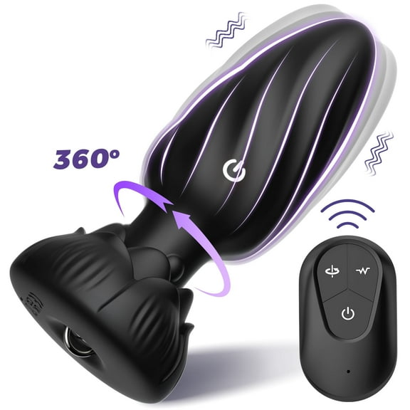 Remote Control Anal Butt Plug with Flashing Light Base,10 Vibrating & 360° Rotating Modes Anal Plug Vibrator,Adult Sex Toys for Couples-Black