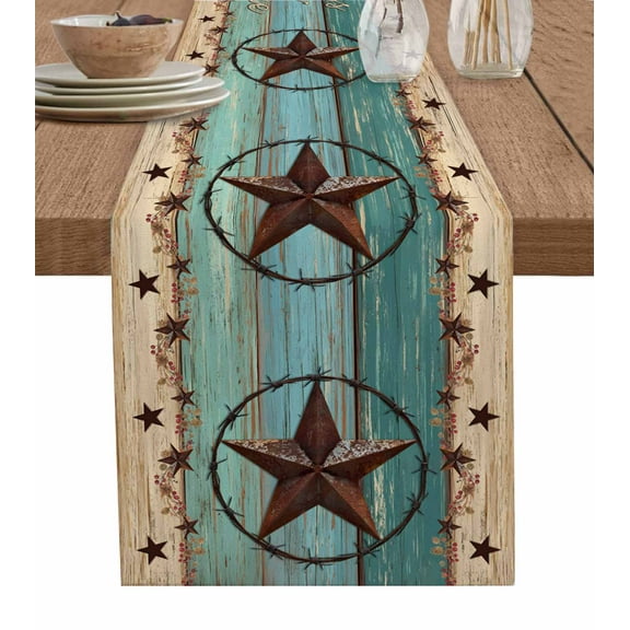 Table Runner Dresser Scarf 13 x 70 Inch Texas Star Bless Our Home Rustic Farmhouse Turquoise Wood Grain Table Runners Non-Slip Heat Kitchen Dining Table Decor for Indoor Outdoor Home Party Decoration