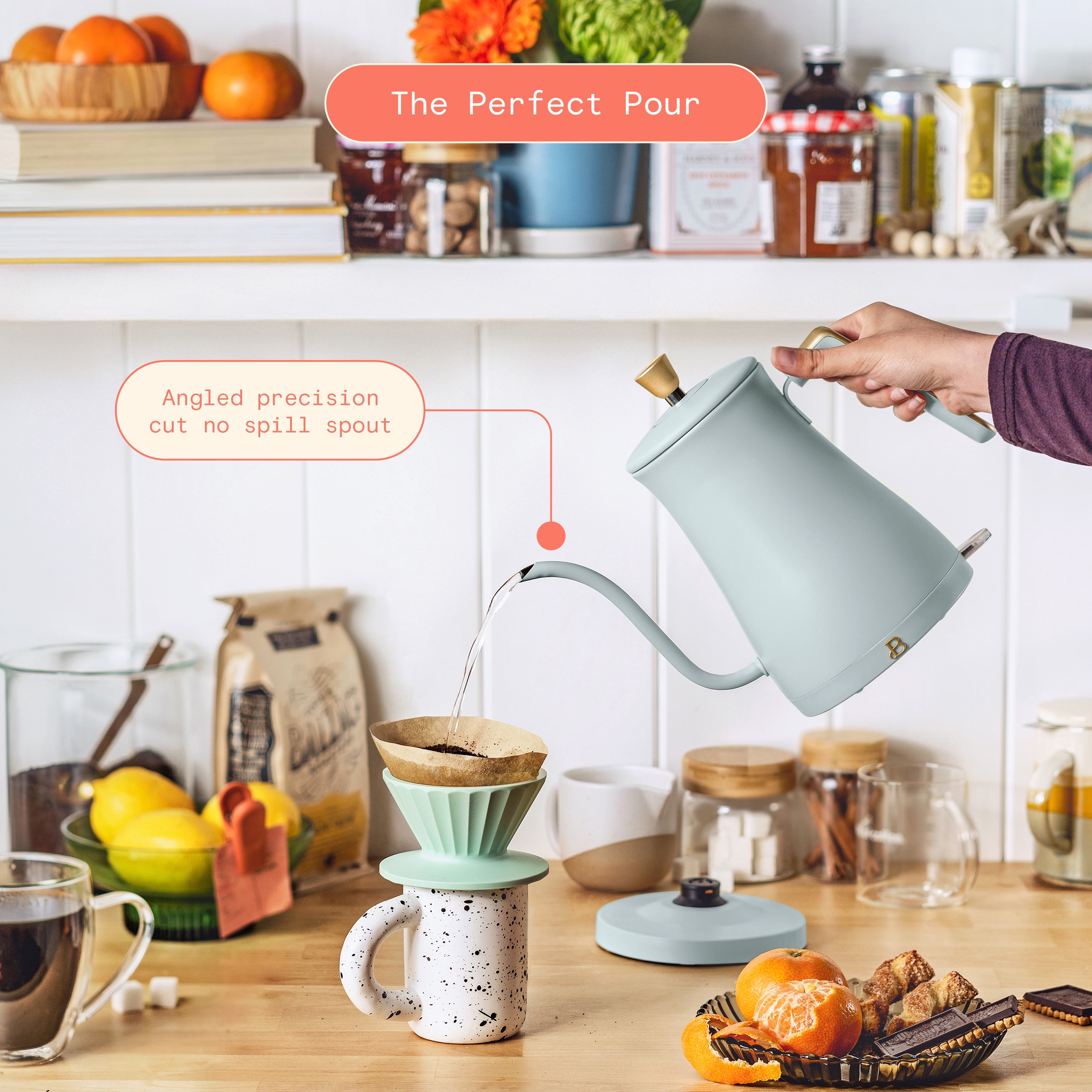 Beautiful 1-Liter Electric Gooseneck Kettle 1200 W, Hydrangea by Drew Barrymore