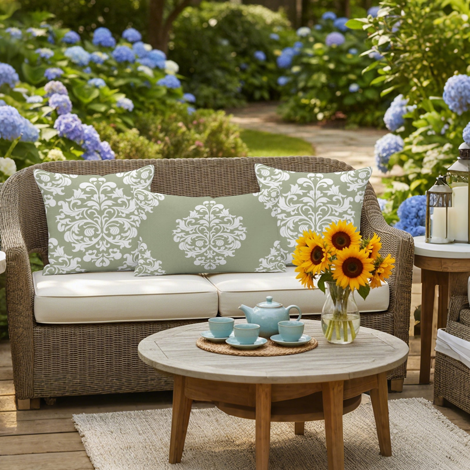 Baroque Sage Green Outdoor Pillow Covers 26x26 Inch Throw Pillow Covers Set of 2 Waterproof Decorative Pillow Cases Vintage Damask Classic Floral Cushion Covers for Patio Furniture Garden Couch Sofa