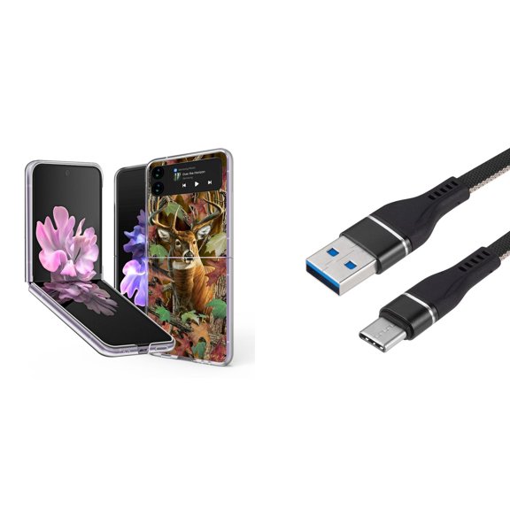 Bemz Premium Bundle for Samsung Galaxy Z Flip 3 5G: Slim Snap-On Protector Case (Hunter Camo Deer), Nylon Braided USB-C to USB-A Cable (3 Feet)