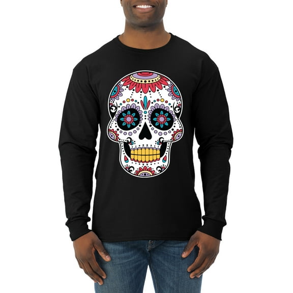 Wild Bobby Day Of The Dead Sugar Skull Pop Culture Men Long Sleeve Shirt, Black, Small