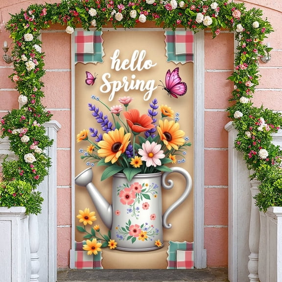 Colorful Flowers Welcome Banner Pink Purple Blue Floral Display Green Leaves Soft Background Flower Backdrop for Home Entrance Party Welcome Spring Gathering