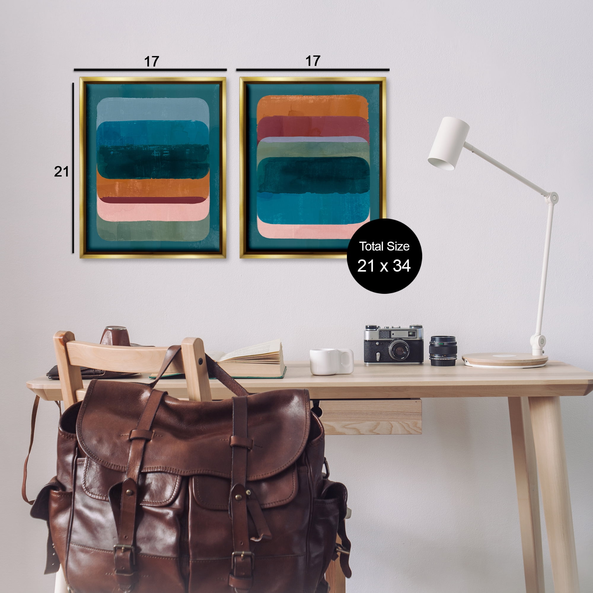 Stupell Industries Abstract Teal Stacked Colors Abstract Painting Gold Floater Framed Canvas Art Print Wall Art, 17 x 21, Set of 2