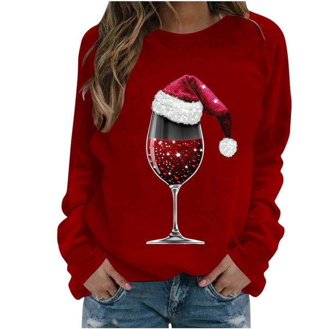 Staron Chandail de Noël pour Femmes, Chandail à Col Rond avec Verre de Vin Rouge, Hauts de Noël Décontractés et Tendance, Chandail à Col Rond, Manches Longues, Chandails des Fêtes, Cadeau d'Anniversaire pour Femmes