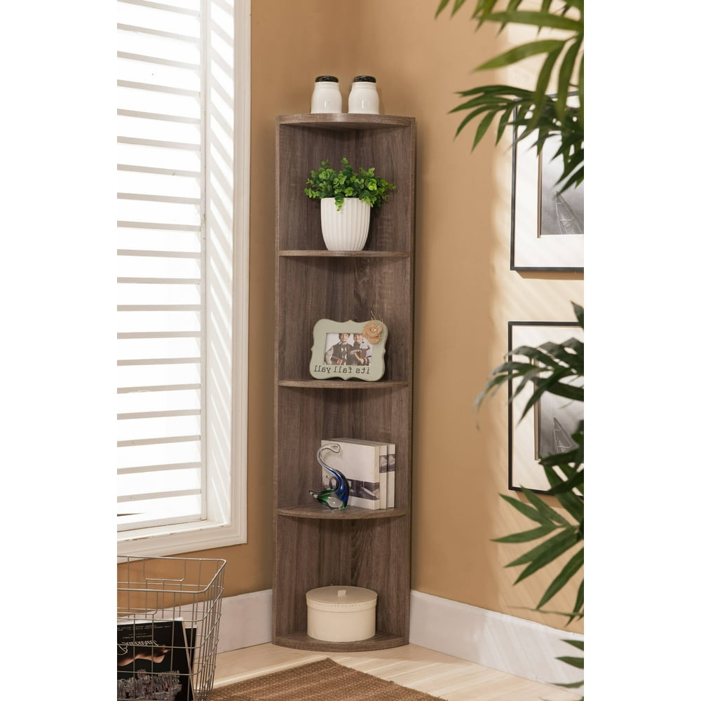 Dax Gray Wood Contemporary 5 Tier Corner Bookshelf