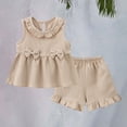 thumbnail image 2 of LIJCC Ensemble Décontracté d'Été pour Filles Coton Lin Sans Manches à Volants Col Rond T-Shirt et Shorts 2 Pcs (Kaki, 3-4 Ans), 2 of 8
