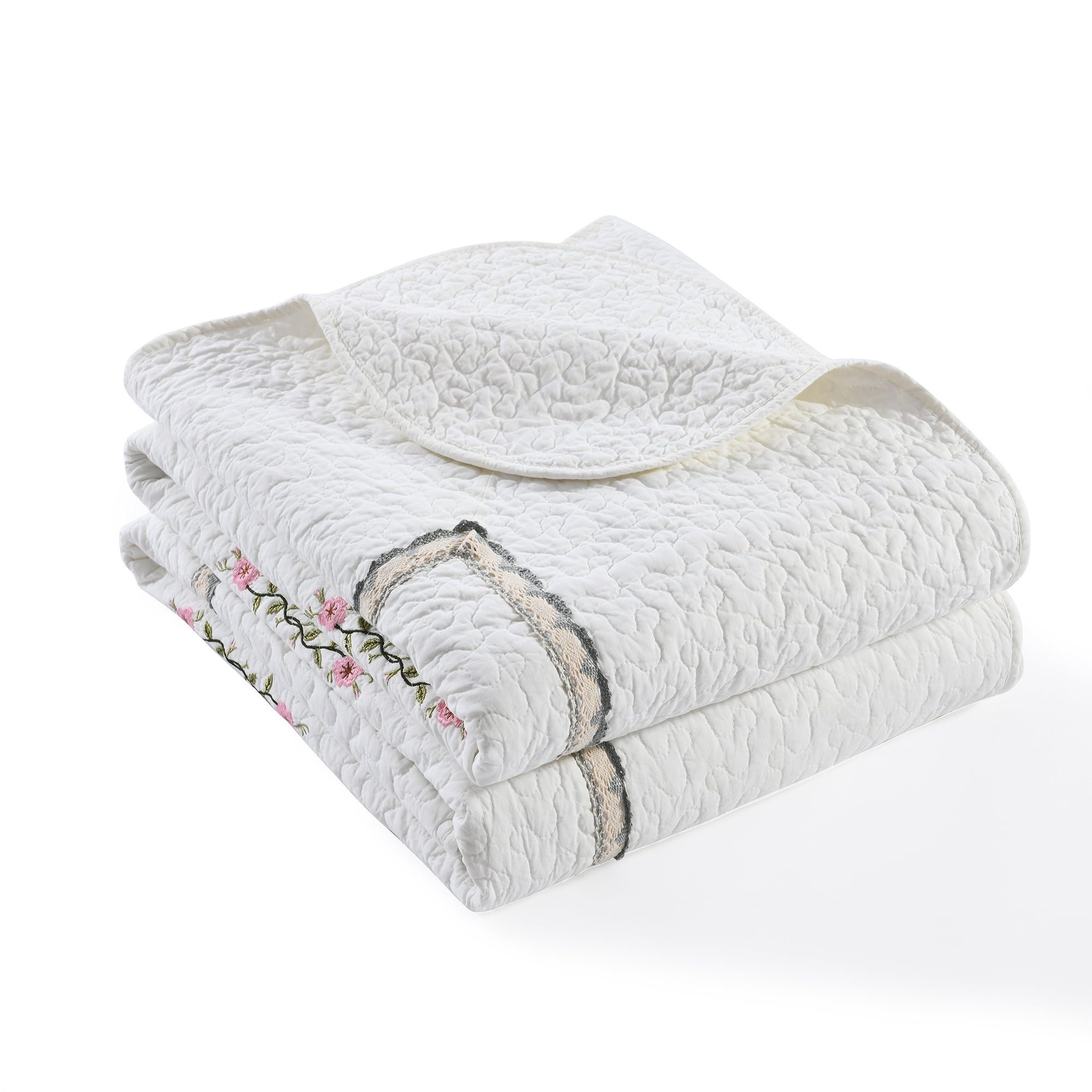 MarCielo 3-Piece 100% White Cotton Oversized Bedspread Set Coverlet Set Lightweight Quilt Set Sakura
