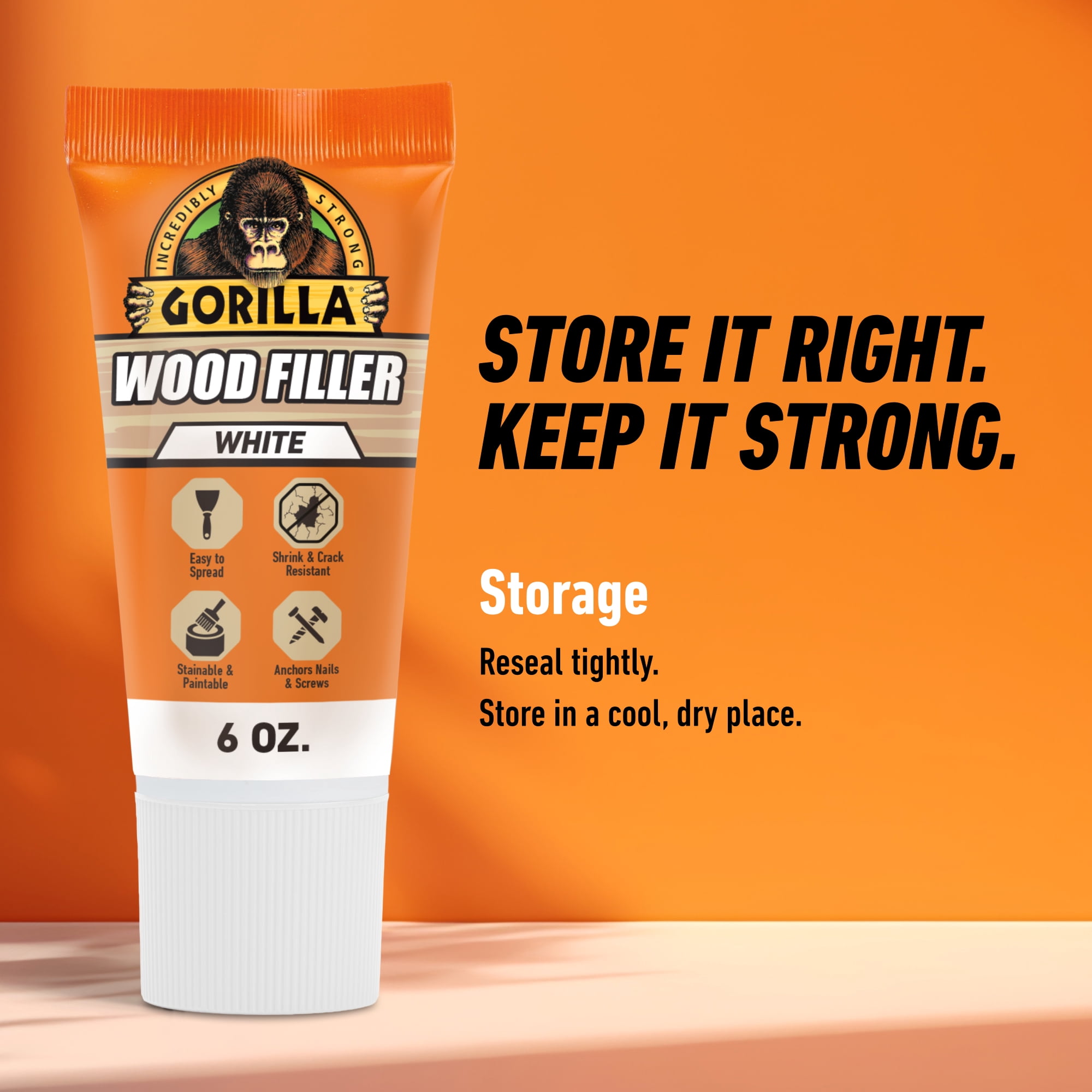 Gorilla All Purpose Wood Filler, White Wood Filler, 6 Ounce Tube - Water Resistant for Indoor or Outdoor Projects and Repairs