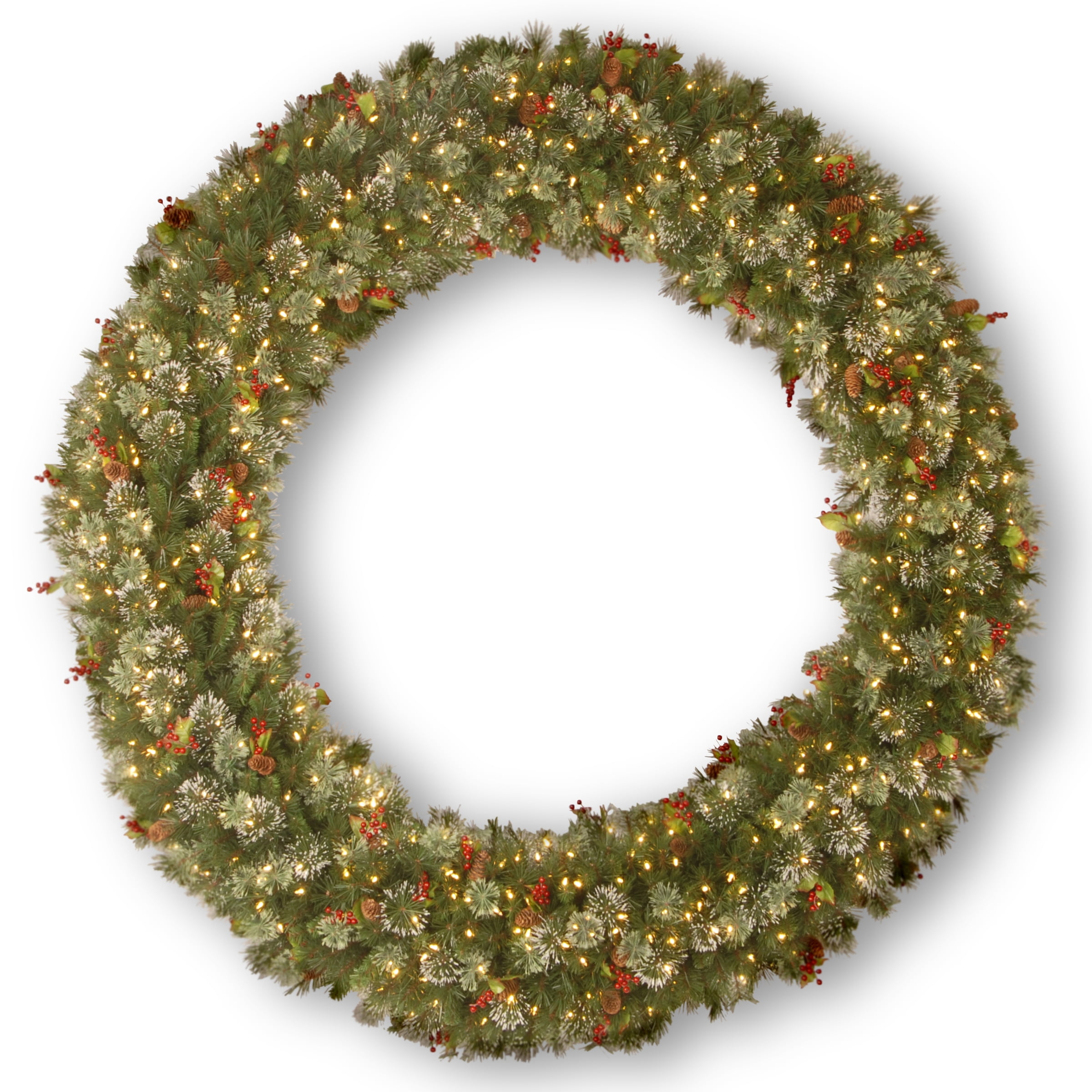 National Tree 72 Wintry Pine Wreath With Cones Red Berries Snowflakes With 400 Clear Lights Walmart Com Walmart Com