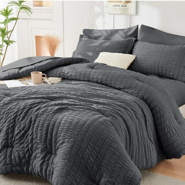 7 Piece Queen Comforter Set Seersucker Textured Bedding, All Season Microfiber Bed in a Bag Includes Sheets Pillow Shams, Deep Pocket Fitted Sheet, Dark Grey