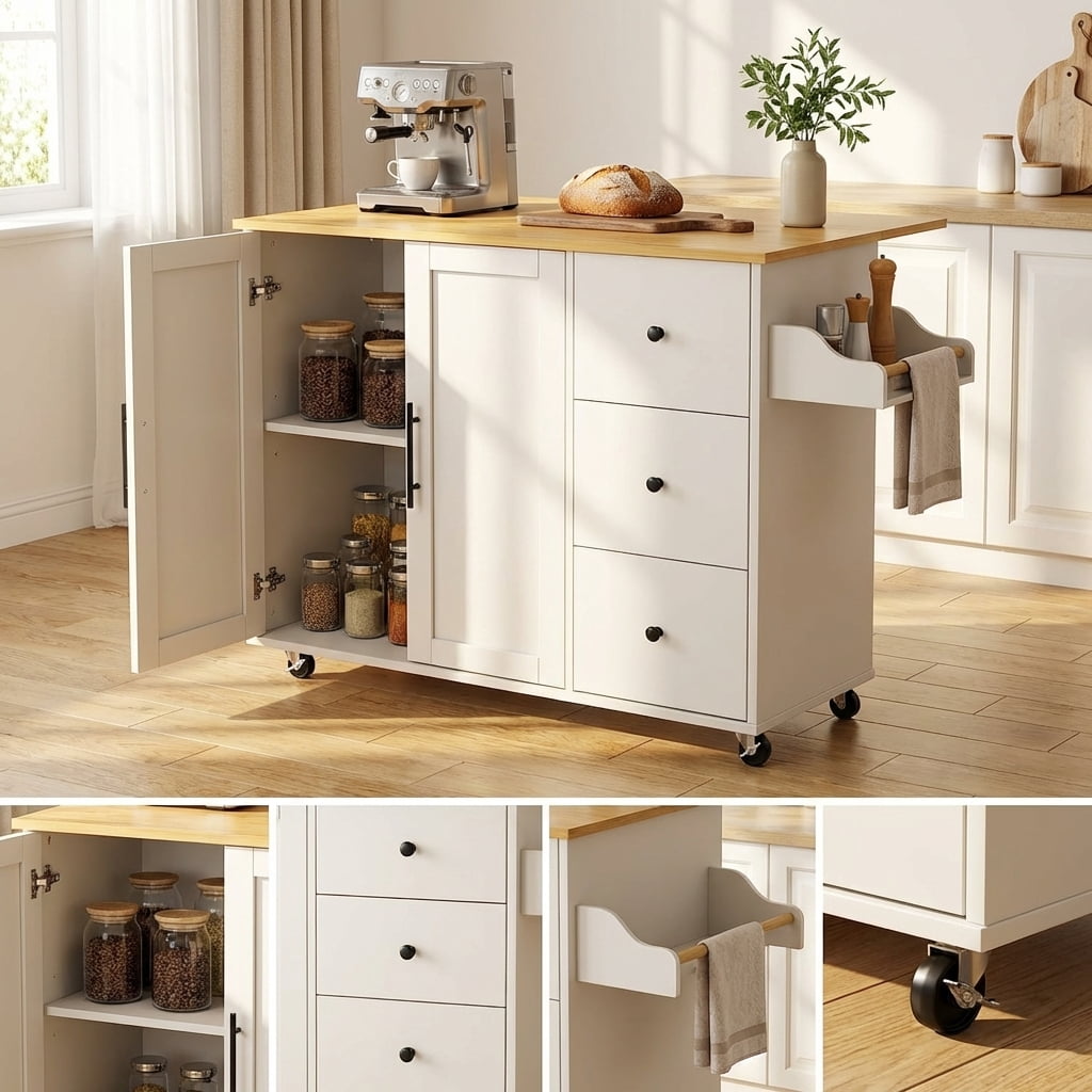 Rolling Kitchen Island Cart with Drop Leaf – Expandable White Cart with Drawers, Spice Rack & Towel Holder