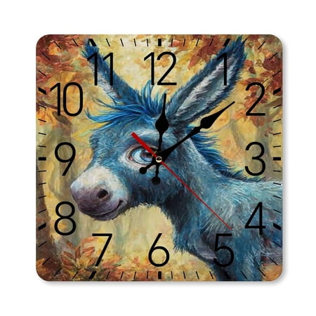 RKSupls 10×10inch Square Silent Wall Clock Wooden Frame, Blue Donkey Autumn Forest Scale Decorative Clock for Home Bedroom Living Room Office