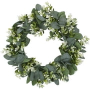Eucalyptus Wreath with Flowers 15 inch Faux Green Wreath for Front Door Wall Festival Celebration Fireplace Window Party Decor