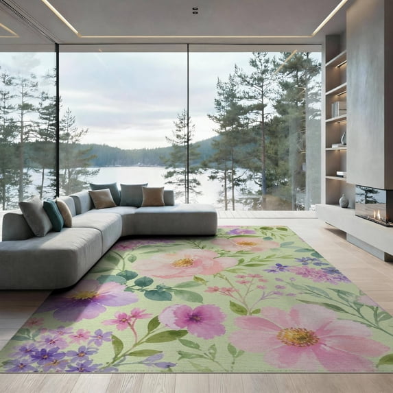 ODIKA 8'x10' Green Mint Blossoms and Pastel Floral Washable Area Rug Elegant Watercolor Flowers with Soft Spring Hues Durable, Non-Slip for Living Room, Under Sectional, Family
