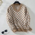 thumbnail image 2 of Women'S Cropped Plaid Sweater V-Neck Long Sleeve Crop Sweater Pullover Jumper Knit Top Khaki S, 2 of 8